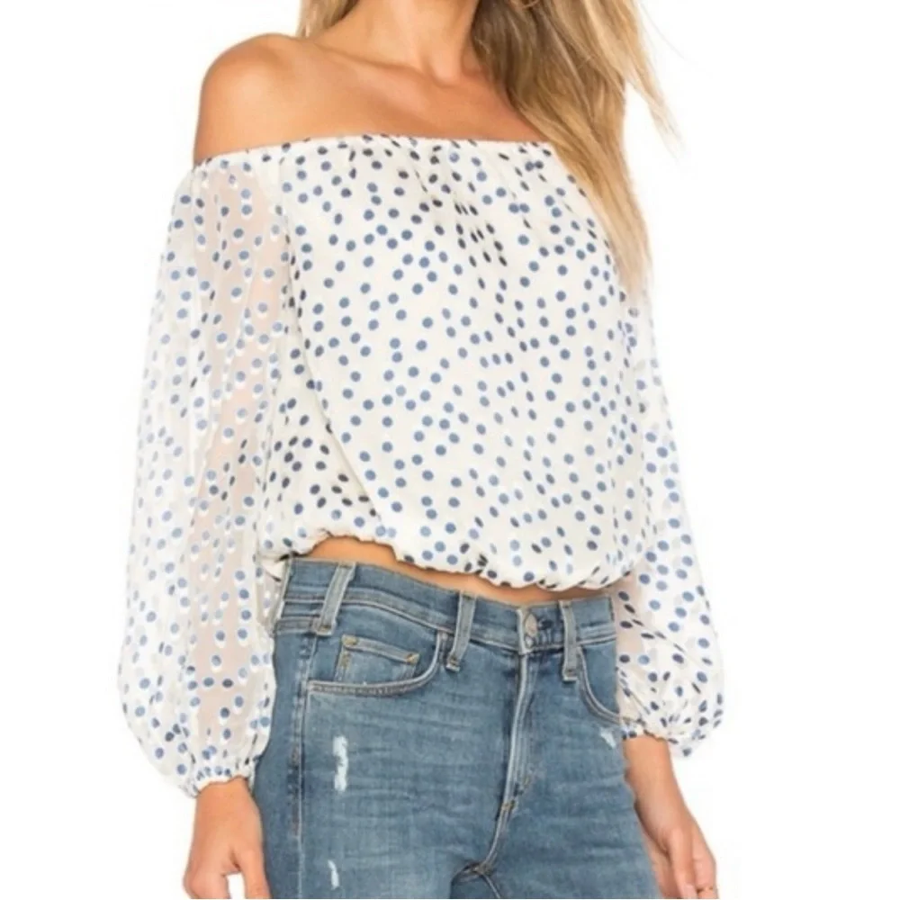Lovers + Friends Oh Girl Off The Shoulder Sheer Sleeve Blouse Small Polka Dot